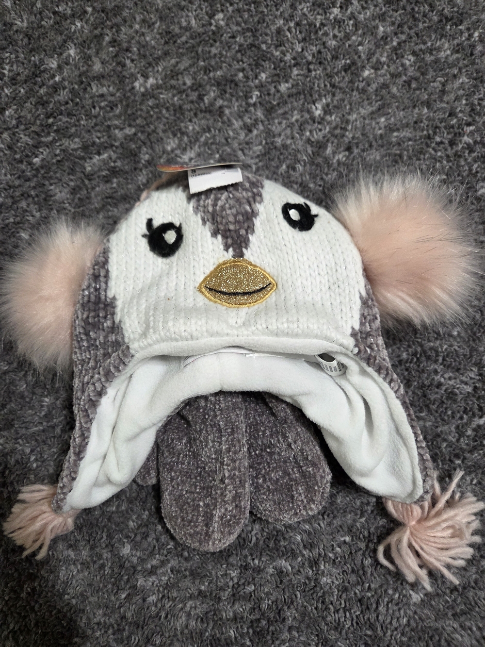 The Children's Place Pink & Gray Penguin Earflap Hat Matching Gloves
